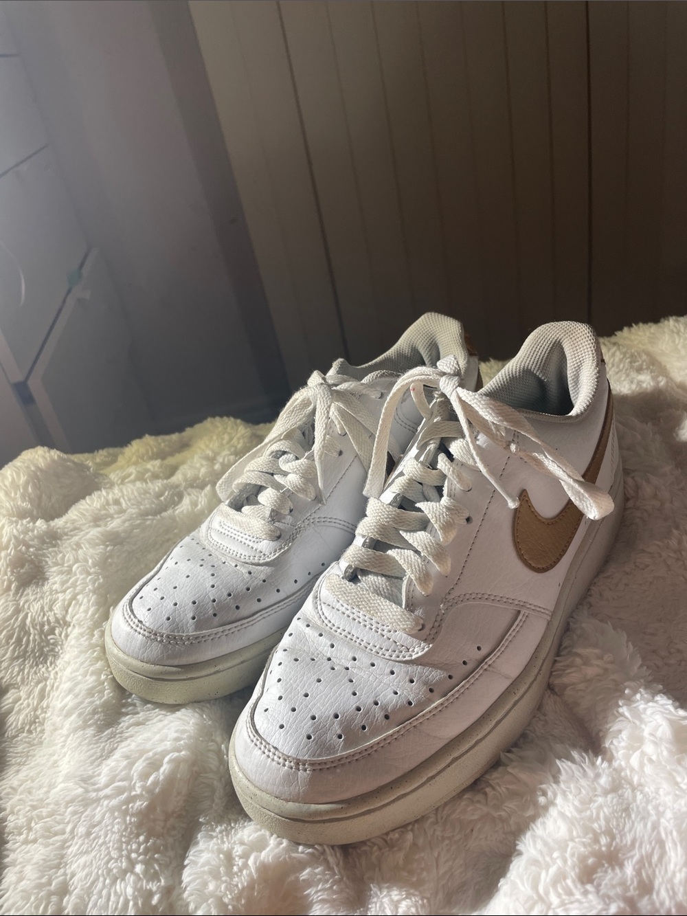 Nike Women's White Sneakers with Tan Swoosh